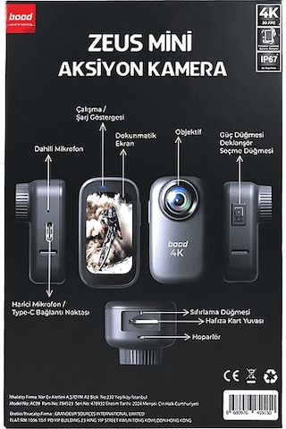 Bood Zeus 4k Dahili Mikrofonlu Mini Aksiyon Kamera Siyah