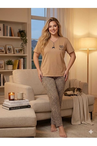 Büyük Beden Leopar Desen Kısa Kollu Likralı Penye Pijama Takımı Çok Renkli