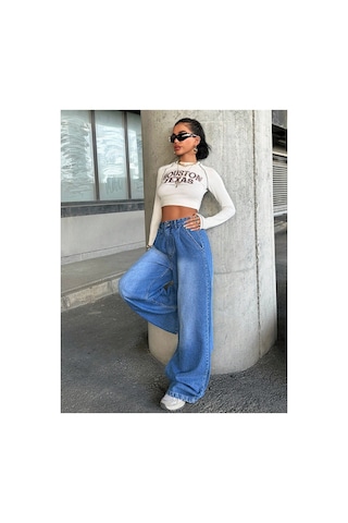 Kene Jeans Yüksek Bel Mavi Ön Arka Pensli Ön İşlemli Baggy Bol Paça Jeans Mavi