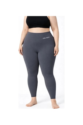 Defymoda Yüksek Bel Toparlayıcı Likralı Dalgıç Spor Tayt Esnek Battal Büyük Beden - Füme Füme