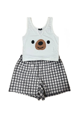 Pazarız Pembecin Şortlu Pijama Takımı Babydol İp Askılı Yazlık Pamuklu Kolsuz Beyaz Ayıcık Beyaz