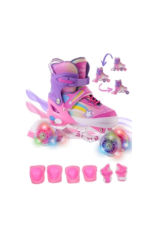 Yıldız Gökkuşağı Işıklı Kız Çocuk Pateni Ve Dizlik Seti Silikon Teker Ayarlanabilir Taşıma Çantalı Pembe