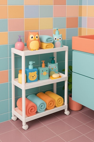 Flex Elite Pro 3 Katlı Beyaz Tekerlekli Çok Amaçlı Raf Ünitesi Banyo, Mutfak & Organizer - S-75 Beyaz
