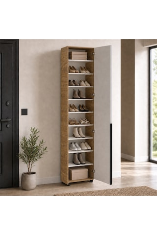 Porto 10 Bölmeli Tek Kapaklı Aynalı Vestiyer - Florida Meşe/vizon 47x210x34 Cm Meşe / Vizon