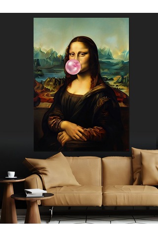 Ahşap Tablo Sakız Şişiren Mona Lisa