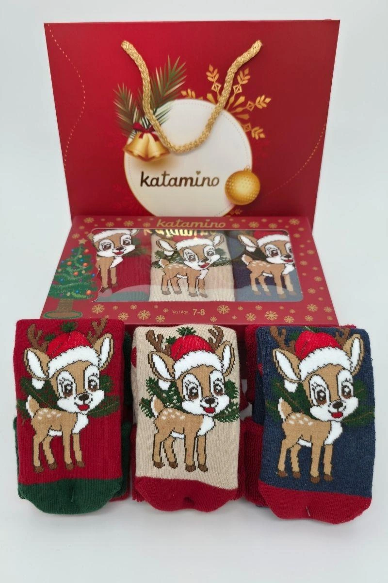 Katamino 3 Çift Unisex Kutulu Yılbaşı Hediyelik Yeniyıl Temalı Çocuk Soket Havlu Çorap