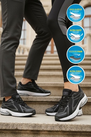 Walkway Siyah Beyaz Fileli Hafif Esnek Hafızalı Taban Unisex Spor Ayakkabı Ruth G Siyah - Beyaz