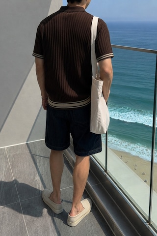 Tarz Cool Oversize Fit Çizgili Triko Polo Yaka Erkek Tişört Ribana Dokulu Premium Yazlık Model Kahverengi