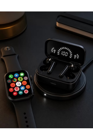Spor Ve Günlük Kullanıma Uygun Akıllı Saat Ve Bluetooth Kulaklık Seti Yüksek Siyah