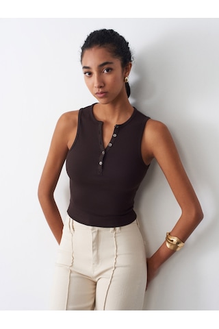 Dilvin 21005 Düğme Detaylı Crop Top-koyu Kahve