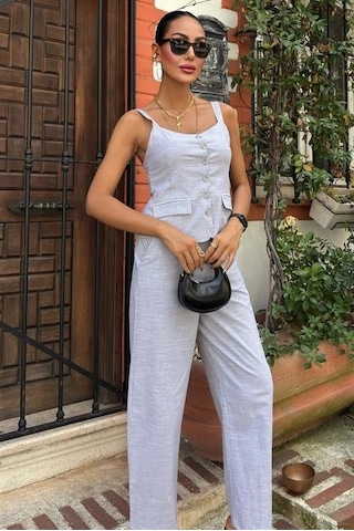 Munn Collection Kalın Askılı Bluz Pantolon Keten Takım 10187 Gri