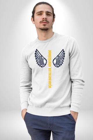 Uçan Hayaller Gökyüzünde Melek Kanatları Unisex Beyaz Sweatshirt Beyaz