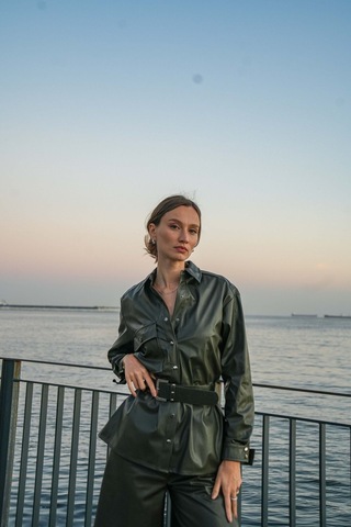 Kadın Suni Deri Gömlek Ceket Yeşil Frn6108 Yeşil