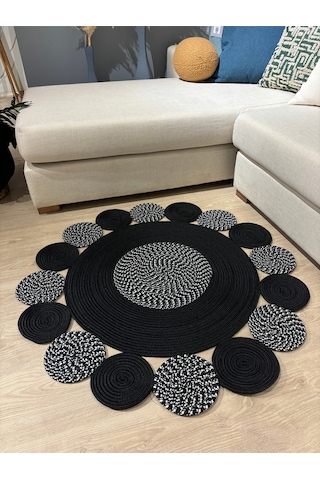 Mavaux Bej Jüt Hasırlı El Örgüsü Kilim Halı Hasır Yuvarlak Siyah