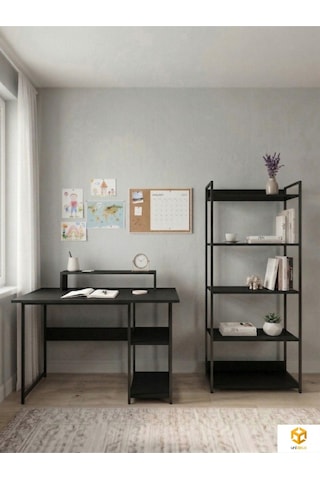 Vien 2 Set Kitaplıklı Masa Raflı Çalışma Masası 5 Raflı Kitaplık Monitör Yükseltici Siyah - Siyah