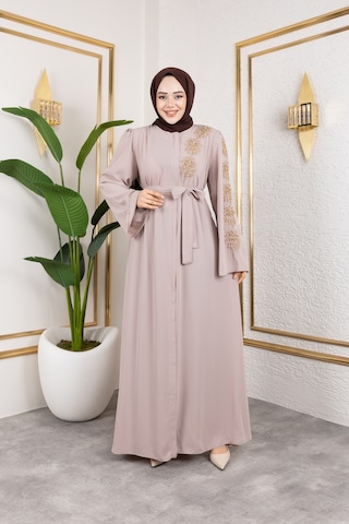 Nevayla Moda Sol Tarafı İnci Detaylı Ferace - Bej / F0140 Bej