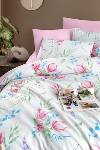 Mystory Home Lastikli Çarşaflı Çift Kişilik Nevresim Takımı Tulip Pembe - Yeşil
