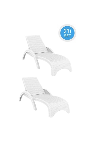 Omnipazar Trk-860 Siesta Fiji Rattan Desenli Ayarlanabilir Lüks Şezlong Beyaz 2'li Set Beyaz