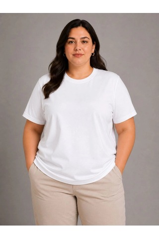 Wear Vexel Kadın Battal Big Size Basic Tişört Bisiklet Yaka Rahat Kalıp T-shirt - Beyaz Beyaz