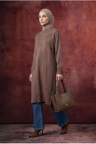 Armine Trend Yaprak Desenli Bisiklet Yaka Uzun Kollu Fitilli Detaylı Tunik Mocha 26ktd408
