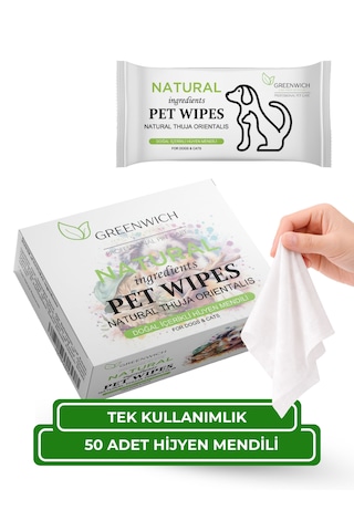 Kedi Ve Köpek Hijyen Mendili 50'li Tekli Paket Yüz, Pati, Kulak Ve Arka Bölge Temizliği İçin Tek Kullanımlık Vegan Temizleme Mendili