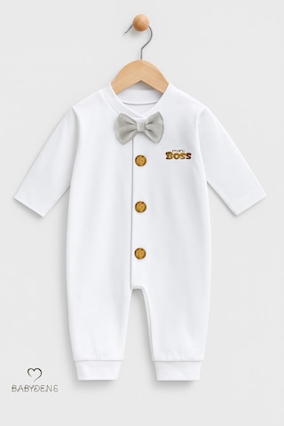 Babyden's Mini Boss Papyonlu Erkek Bebek Tulum Düğmeli Tasarım, Uzun Kollu Yenidoğan Tulumu Gri