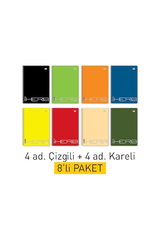 Okul Defteri 8'li PAKET A4 72 yp. Spiralli 4 Çizgili, 4 Kareli