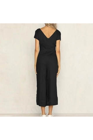 Barbora Keten Günlük Yazlık V Yaka Kısa Paça Tasarım Kadın Tulum Ln1010siyah5 001