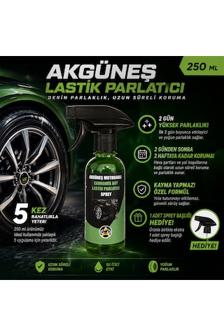 Akgüneş Motogaraj Lastik Parlatıcı Uv Korumalı, Kayma Yapmayan Profesyonel Lastik Bakım Ürünü 250ml