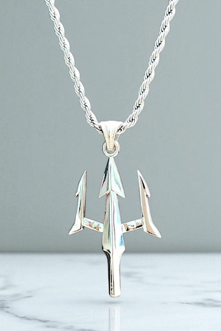 Ak Store Silver Gümüş Kaplama Krom-Çelik Erkek Kolye Madalyon Poseidon Mızrak Gümüş