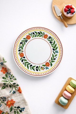 Grandora Retro Zeytin Ve Çiçekli 6 Adet, 20 Cm Pasta, Tatlı Veya Sunum Tabağı - Çok Amaçlı Kahvaltı Tabak Çok Renkli