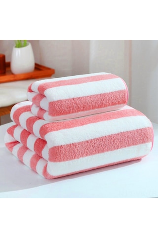 Vkemall Pembe Geniş Çizgili Mikrofiber Havlu Seti - Yumuşak, Suyu Hızlı Emici, Banyo/plaj İçin 35x75 Cm + 70x140 Cm 2 M