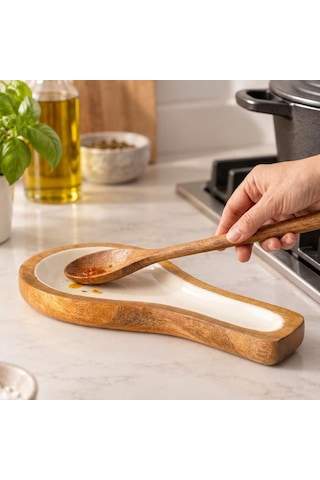 Mango Ağacı Yatay Kaşıklık 25 X 12 Cm, Parlak Krem İç Yüzeyli Ahşap Kaşık Altlığı, Kepçe, Spatula Ve Servis Gereçleri İçin Mutfak Tezgâhı Düzenleyici Çok Renkli