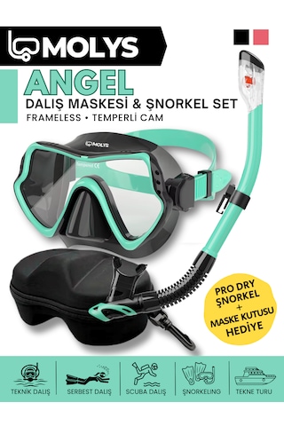 Molys Angel Dalış Maskesi + Antı Fog Buğu Önleyici Film + Pro Full Dry Tam Kuru Şnorkel + Maske Koruma Kutusu Set Halinde Siyah - Turkuaz
