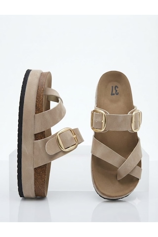 Mcdark Kadın Platform Taban 6 Cm Yüksek Düz Mantar Tek Parmak Terlik-bej