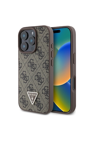 Apple Uyumlu iPhone 16 Pro Max Kılıf Guess Lisanslı Pu Deri Taşlı Üçgen Logo 4g Desenli Strass Kapak Kahverengi