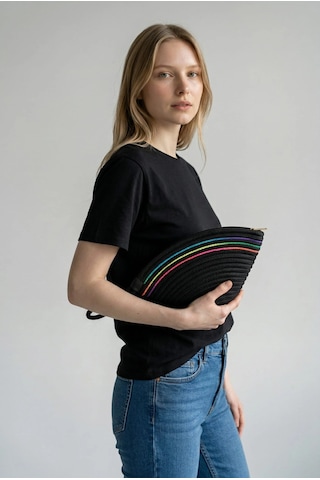 Efw Rome Handmade Hasır Renkli Şerit Detaylı Clutch Siyah Çanta