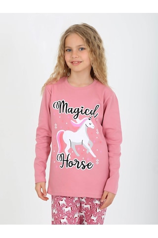 Kız Çocuk Uzun Kollu %100 Pamuklu Pijama Takımı Magical Horse Gül Kurusu