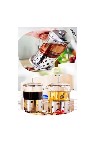 French Press Bitki Çayı Demliği 600 ml Çelik Dekor Gövdeli Kulplu Ölçü Kabı Cam French Press Kahve Metal