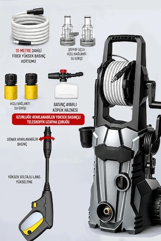Exenar - Siyah - Cw55 Ev Tipi Araç Yıkama Makinesi Kablolu Evde Oto Yıkama Cihazı 1600w 75 Bar Basınçlı Su
