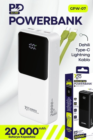 7go Gpw-07 20000mah Pd22.5w Hızlı Şarj Powerbank Beyaz Dahili Type-c & Lightning Kablo Dijital E BEYAZ