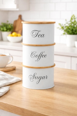 Kahve Çay Şeker Saklama Kabı 3'lü Set Kapaklı Mutfak Organizer Saklama Kutusu Beyaz