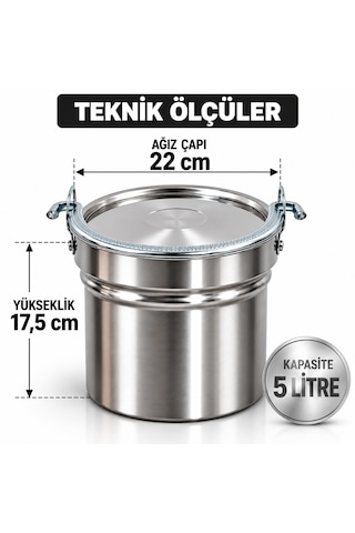 5 Litre Paslanmaz Krom Çelik Yoğurt Mayalama Ve Süt Kabı Satır/bakraç Demir Kulp Metalik