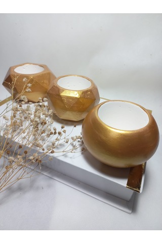 Dekoratif Antiquity Gold Saksı 3'lü Set - Kaktüs/sukulent Saksısı,çiçeklik Seti -