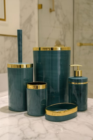 Makri Home Banyo Seti 5'li,akrilik-çöpkovası,wc Fırçalık,sıvı Sabunluk,diş Fırçalık,el Sabunluk,gold Renk Detay Yeşil