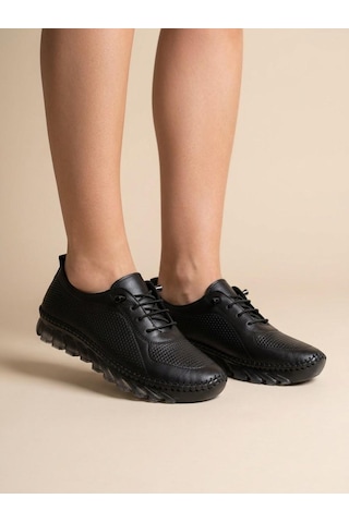 Beren Hakiki Deri Siyah Kadın Ayakkabı Lazer Delikli Ortopedik Taban Casual Günlük Yürüyüş Ayakkabısı Sneakers