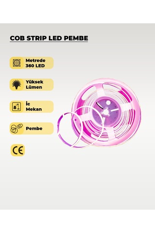 12v Cob Şerit Led Pembe Işık - Metrede 360 Led - 5 Metre 5 METRE