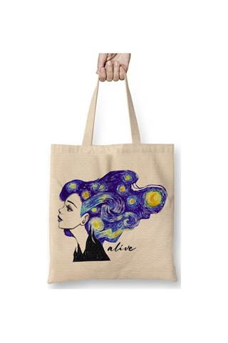 Toyaso Alive Vincent Van Gogh Bez Çanta Uzun Saplı Alışveriş Çantası Plaj Çantası Beyaz
