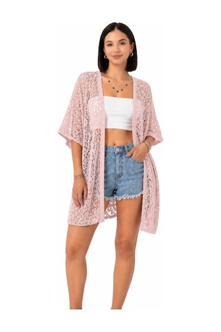 Trend Alisse Kadın Dantel Görünümlü File Kimono Pareo Hırka Toz Pembe