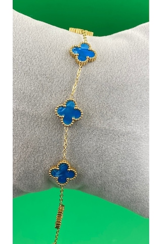Gold Renk Taşlı Yonca Desenli Çelik 316l Bileklik Sedef Mavi
